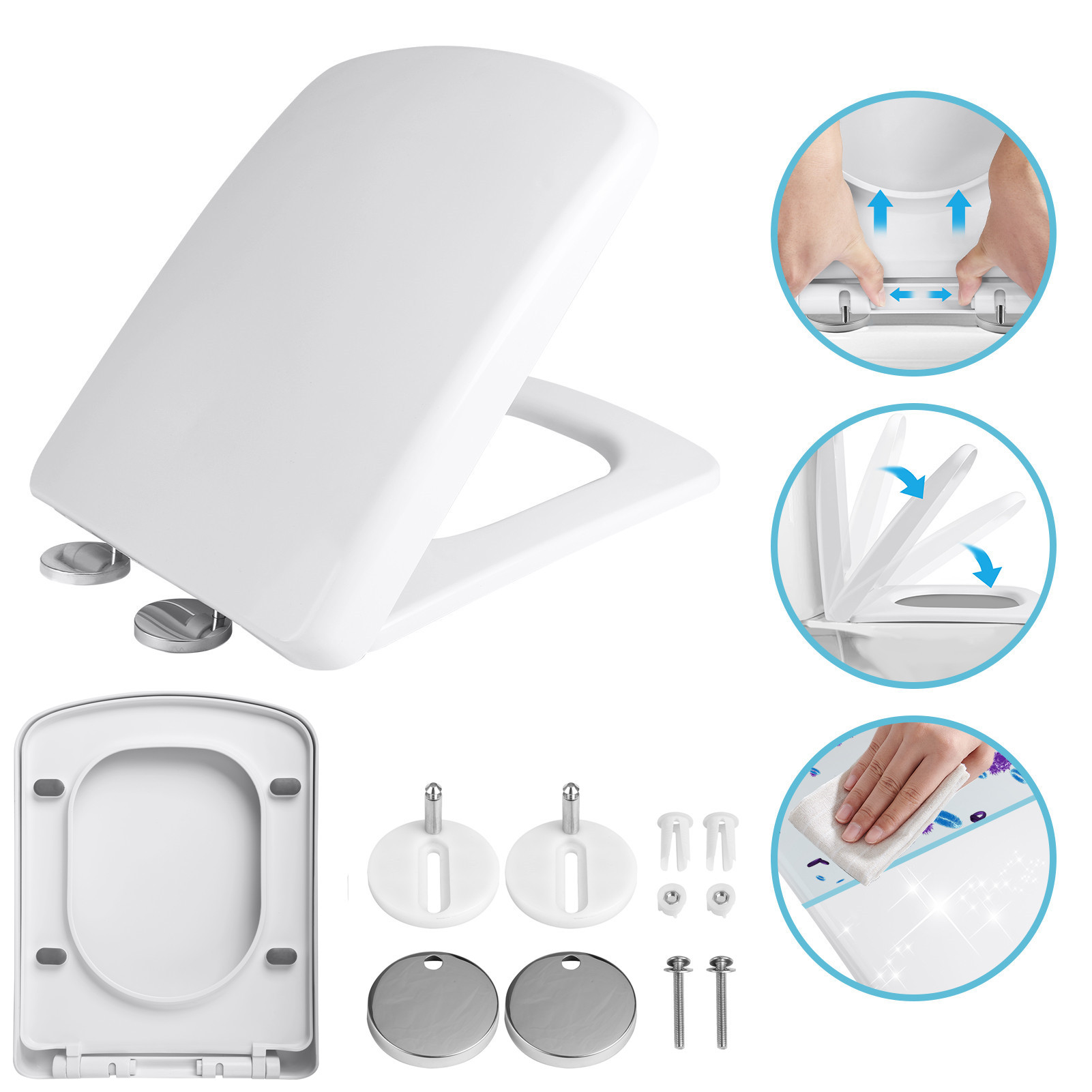 Slow Close Toilet Seat Quick Release - Vierkant langzaam gesloten toiletbril dekselafdekking set